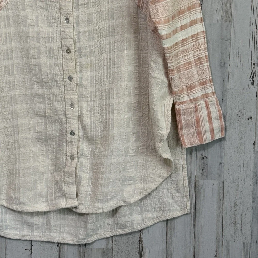 Free People Tunic Top Shirt S Gauzy Button Front Plaid Beachy Summer Boho Casual